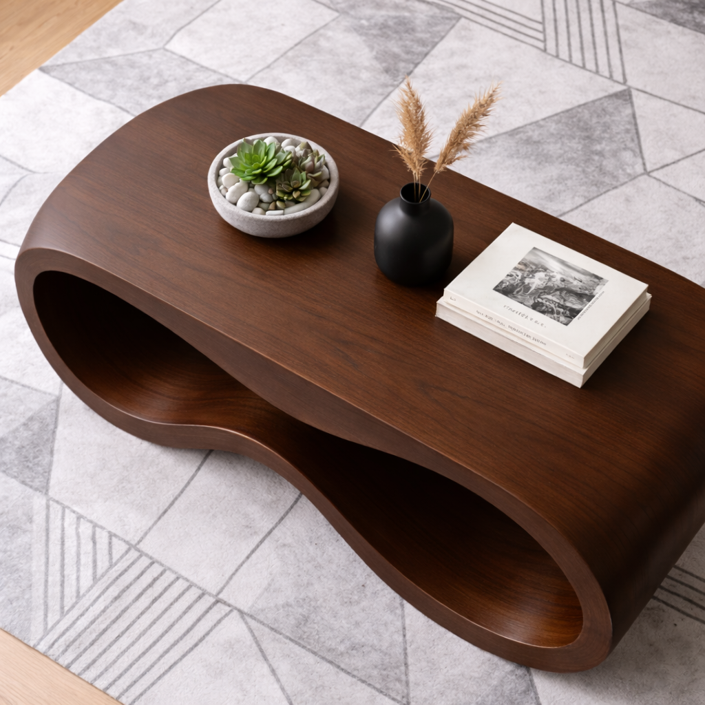 Curved Solid Wood Coffee Table – Modern Sculptural Wave Design Living Room Table - view 3 of 9