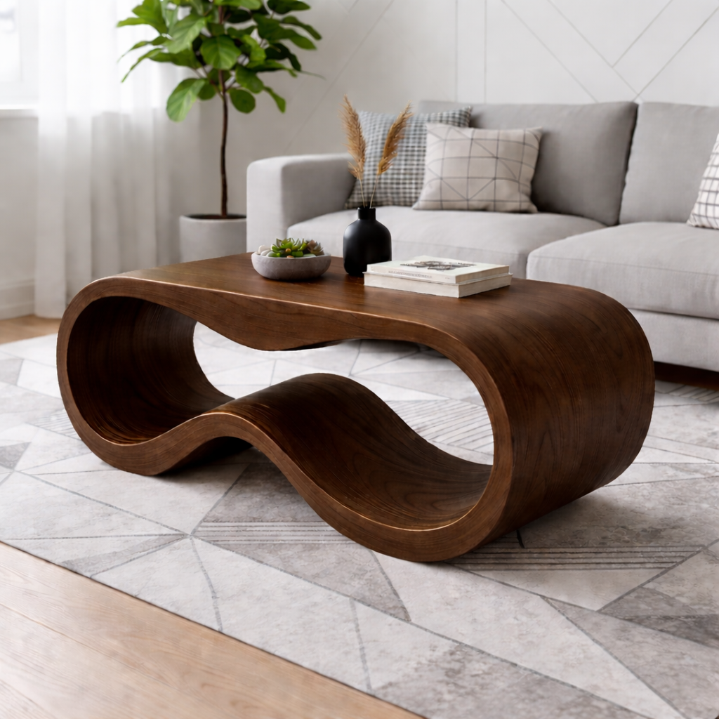Curved Solid Wood Coffee Table – Modern Sculptural Wave Design Living Room Table - view 5 of 9