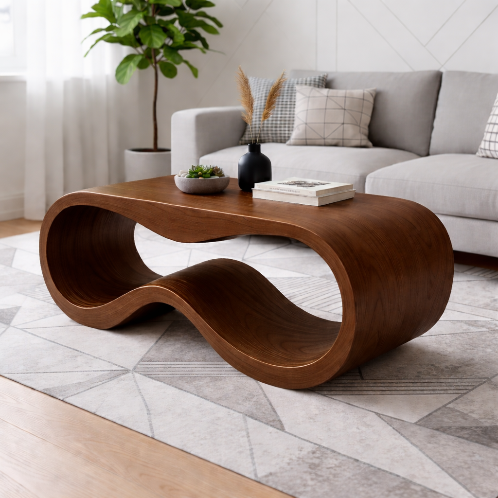 Curved Solid Wood Coffee Table – Modern Sculptural Wave Design Living Room Table - view 1 of 9