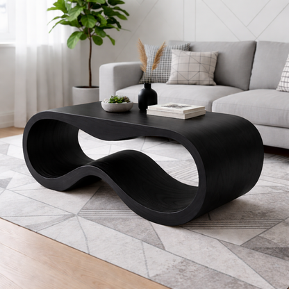 Curved Solid Wood Coffee Table – Modern Sculptural Wave Design Living Room Table - view 6 of 9