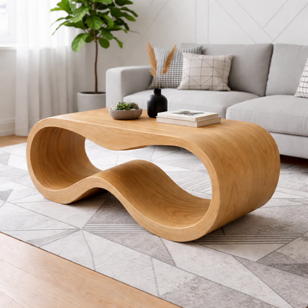 Curved Solid Wood Coffee Table – Modern Sculptural Wave Design Living Room Table - view 4 of 9