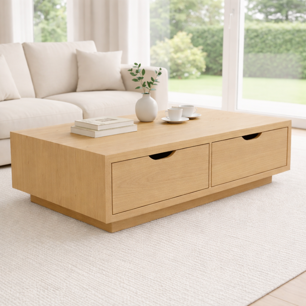 Solid Wood Coffee Table with Storage Drawers – Modern Low Profile Living Room Table - view 3 of 9