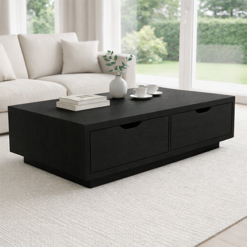 Solid Wood Coffee Table with Storage Drawers – Modern Low Profile Living Room Table - view 5 of 9