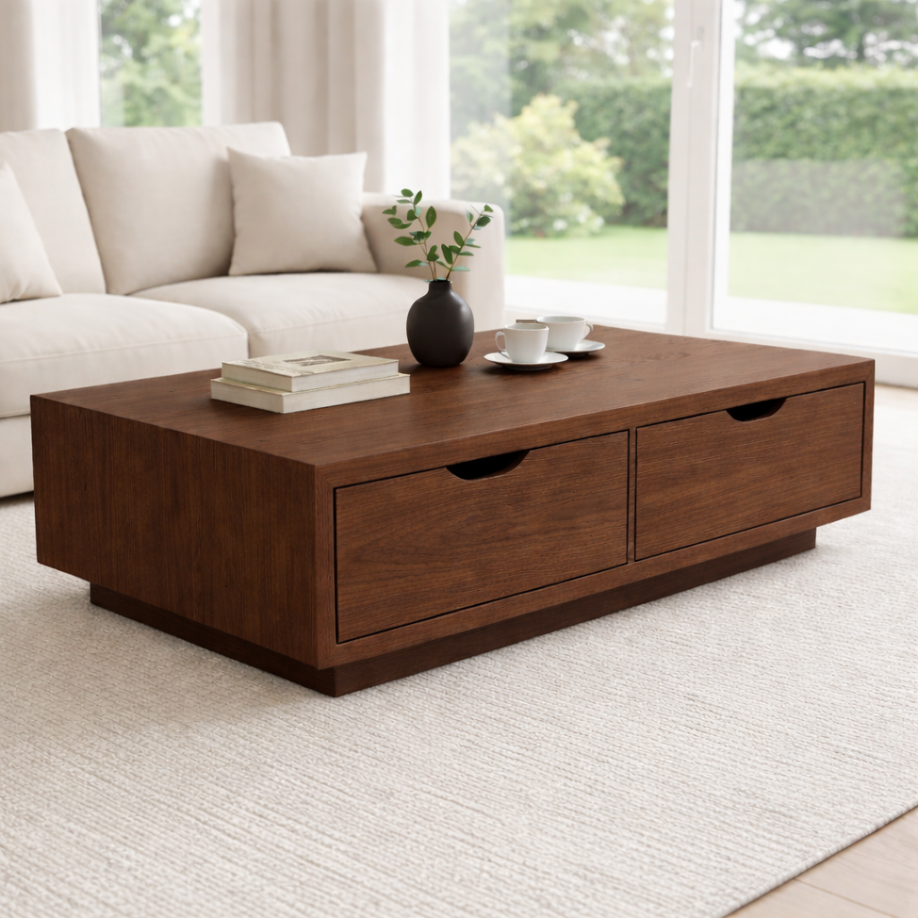 Solid Wood Coffee Table with Storage Drawers – Modern Low Profile Living Room Table - view 4 of 9