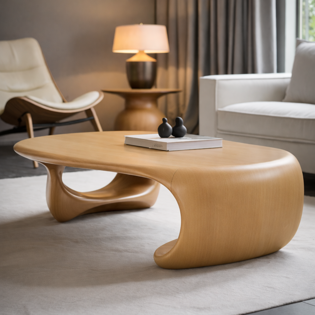 Solid Wood Sculptural Coffee Table with Organic Curved Base – Modern Living Room Table - view 5 of 9