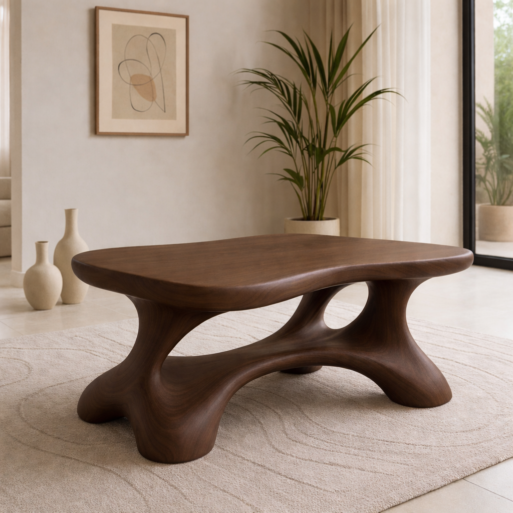Solid Wood Sculptural Coffee Table with Organic Curved Base - view 2 of 9