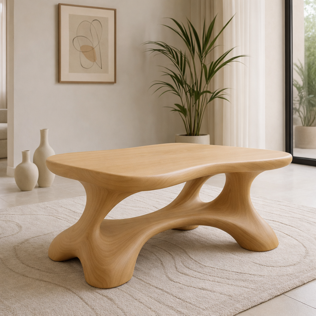 Solid Wood Sculptural Coffee Table with Organic Curved Base - view 5 of 9