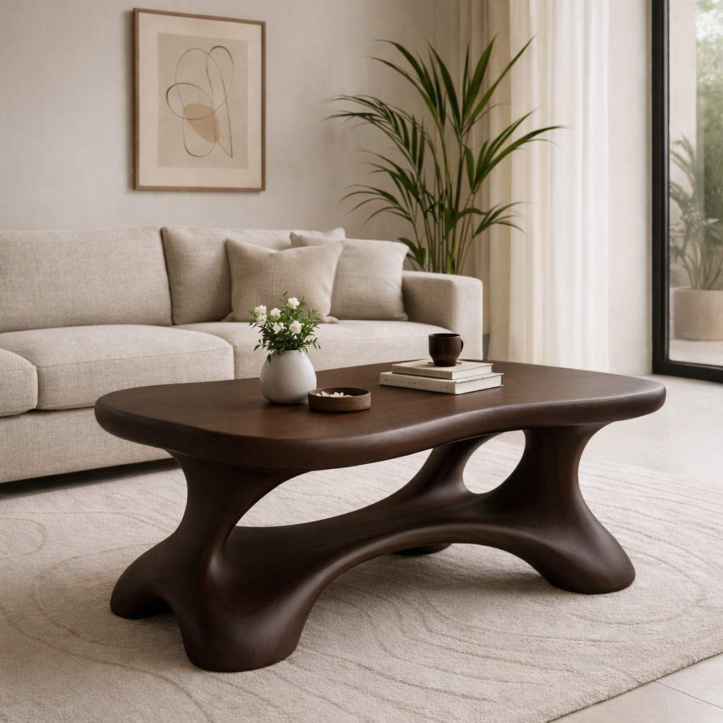 Solid Wood Sculptural Coffee Table with Organic Curved Base - view 1 of 9