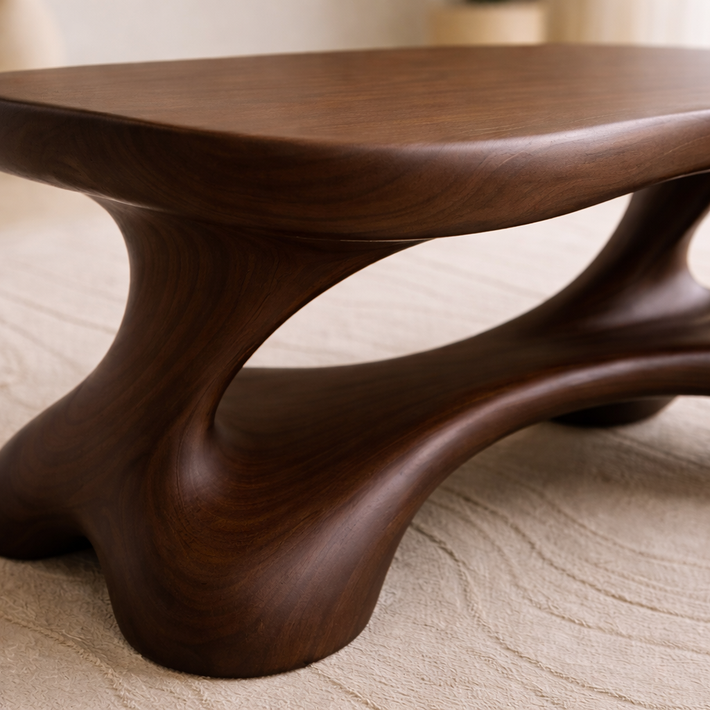 Solid Wood Sculptural Coffee Table with Organic Curved Base - view 4 of 9
