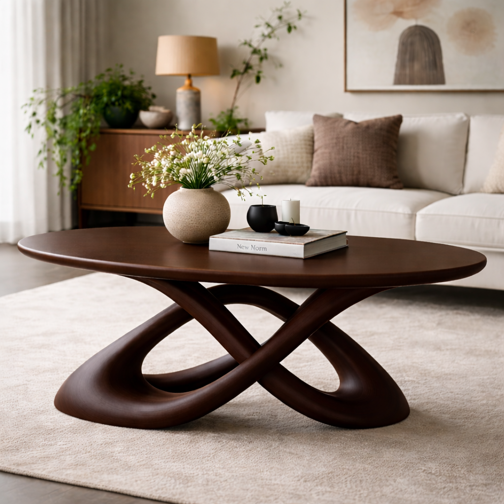 Solid Wood Sculptural Coffee Table with Curved Base - view 3 of 8