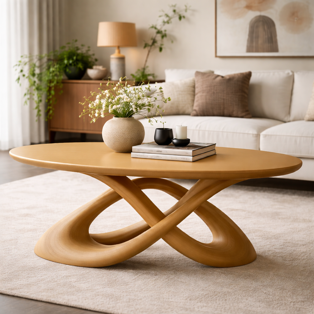 Solid Wood Sculptural Coffee Table with Curved Base - view 5 of 8