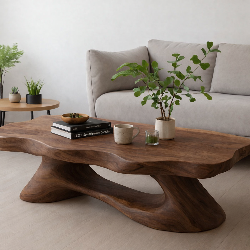 Solid Wood Coffee Table Modern Live Edge Natural Wood with Sculptural Base - view 3 of 7
