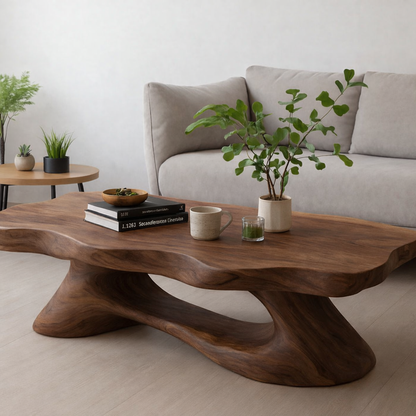 Solid Wood Coffee Table Modern Live Edge Natural Wood with Sculptural Base - view 3 of 7
