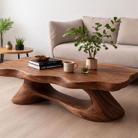 Solid Wood Coffee Table Modern Live Edge Natural Wood with Sculptural Base - view 1 of 7