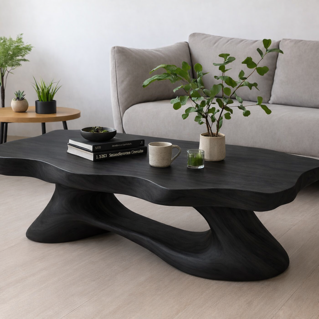 Solid Wood Coffee Table Modern Live Edge Natural Wood with Sculptural Base - view 2 of 7