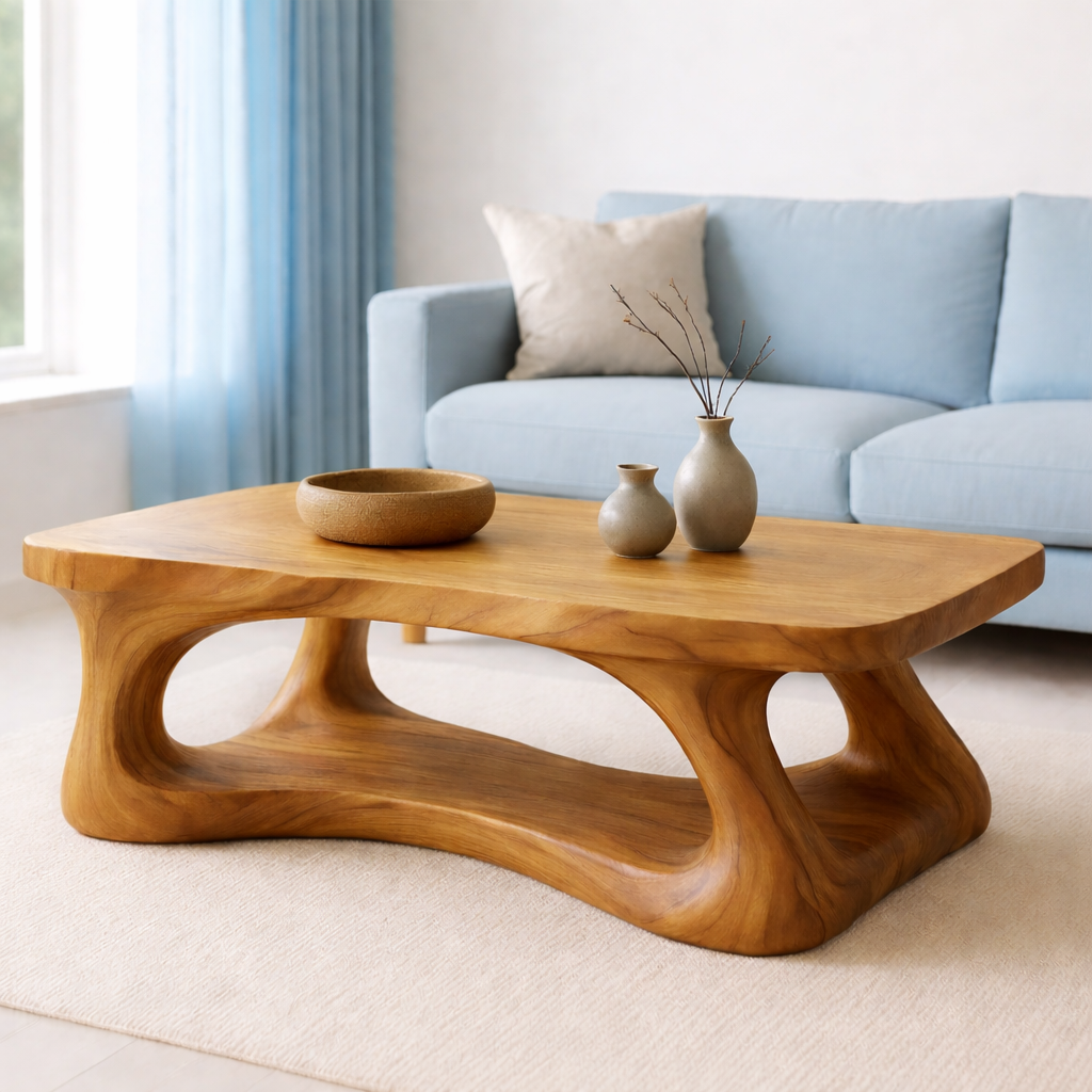Solid Wood Coffee Table Modern Sculptural Base Natural Live Edge Design - view 2 of 7
