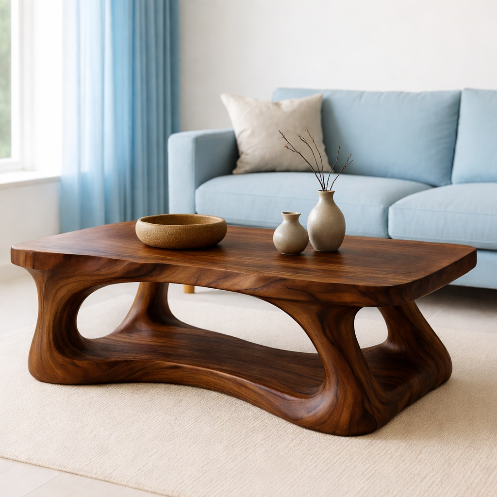 Solid Wood Coffee Table Modern Sculptural Base Natural Live Edge Design - view 4 of 7