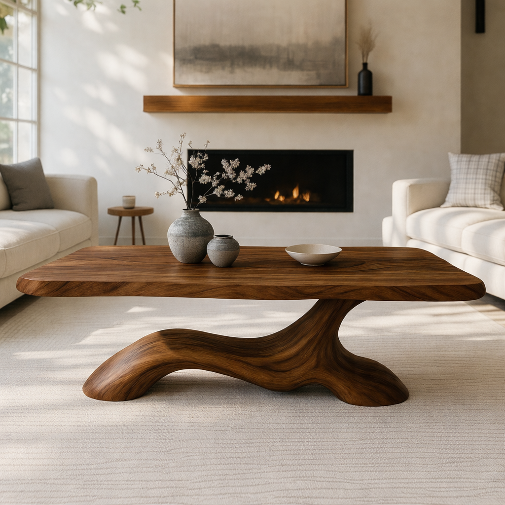 Solid Wood Coffee Table Modern Sculptural Base Natural Wood Design - view 3 of 7