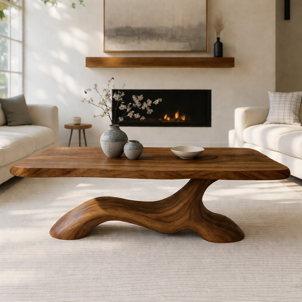 Solid Wood Coffee Table Modern Sculptural Base Natural Wood Design - view 1 of 7