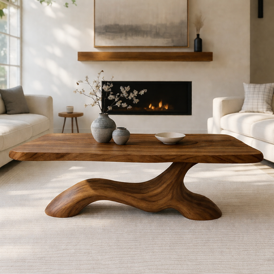Solid Wood Coffee Table Modern Sculptural Base Natural Wood Design - view 1 of 7