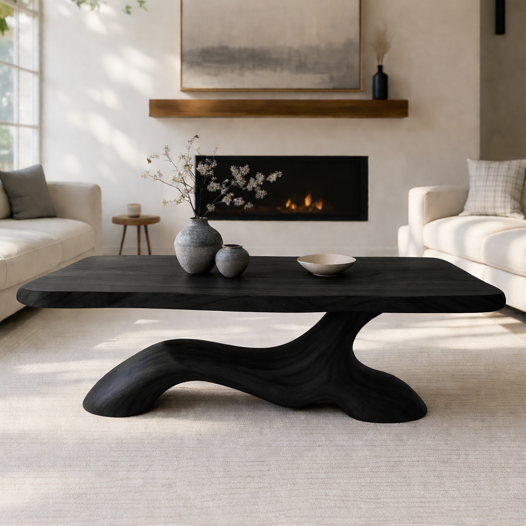 Solid Wood Coffee Table Modern Sculptural Base Natural Wood Design - view 2 of 7