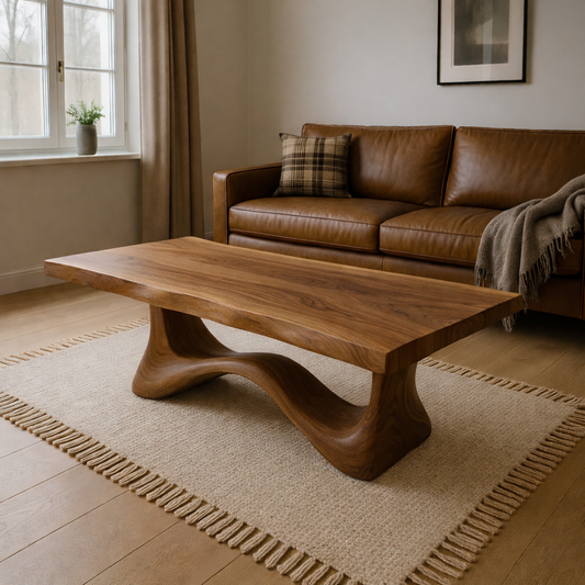 Solid Wood Coffee Table Modern Walnut with Sculptural Curved Base - view 1 of 7