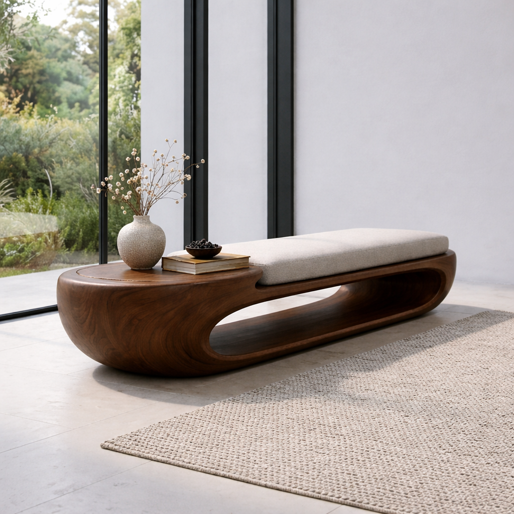Organic Curved Solid Wood Entryway Bench with Sculptural Open Base Design - view 3 of 9