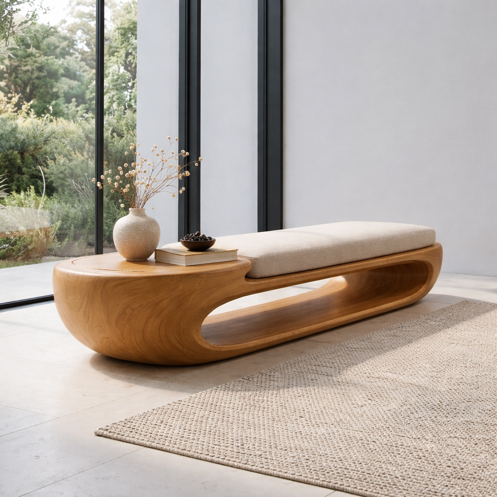 Organic Curved Solid Wood Entryway Bench with Sculptural Open Base Design - view 5 of 9