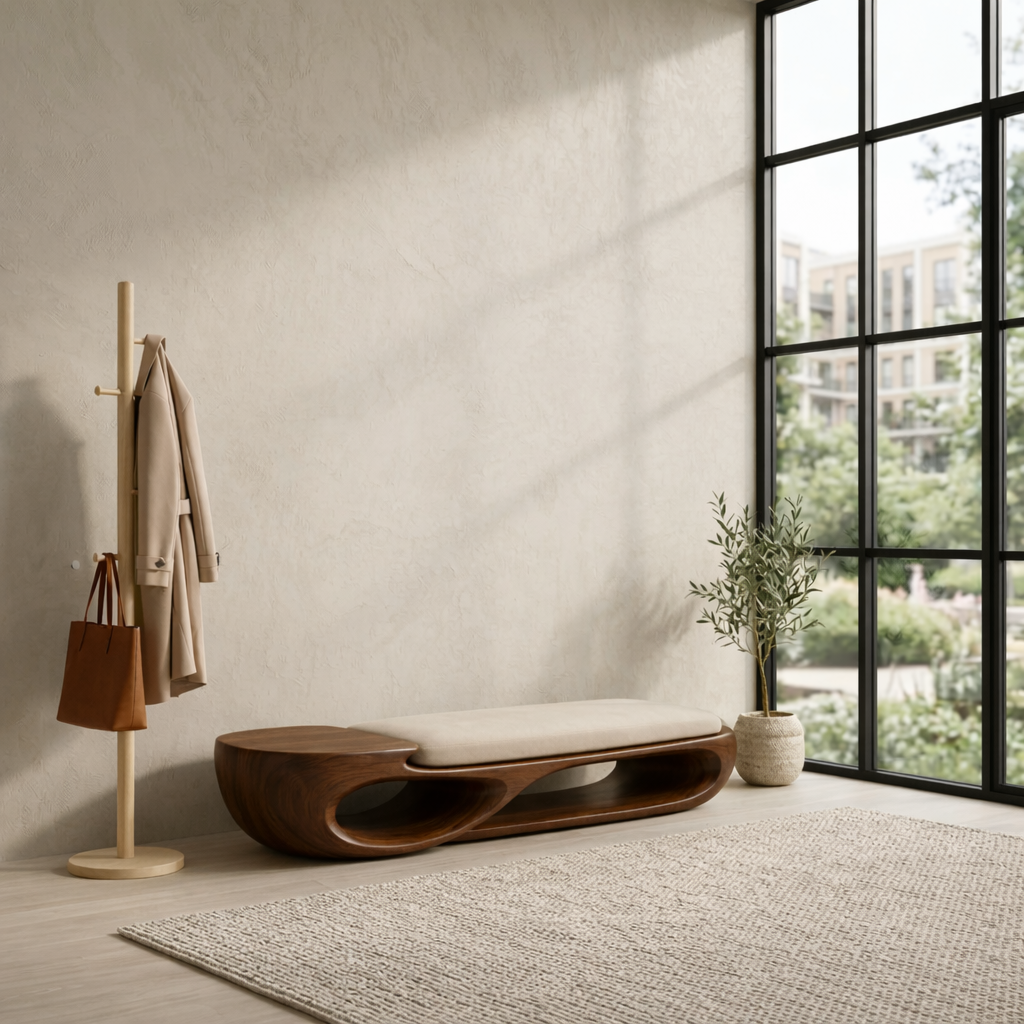 Double Curve Solid Wood Entryway Bench – Sculptural Modern Organic Design - view 3 of 8