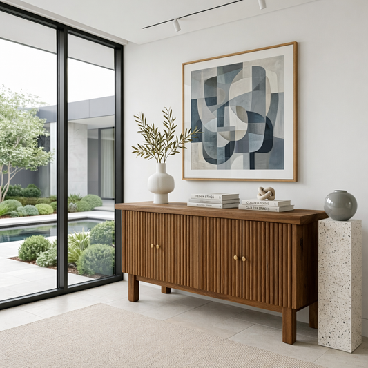 Fluted Solid Wood Console Table with Cabinet – Modern Slatted Entryway Sideboard - view 1 of 7