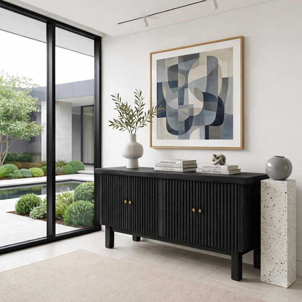 Fluted Solid Wood Console Table with Cabinet – Modern Slatted Entryway Sideboard - view 4 of 7