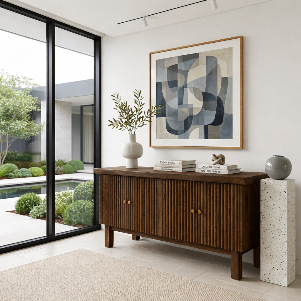 Fluted Solid Wood Console Table with Cabinet – Modern Slatted Entryway Sideboard - view 3 of 7