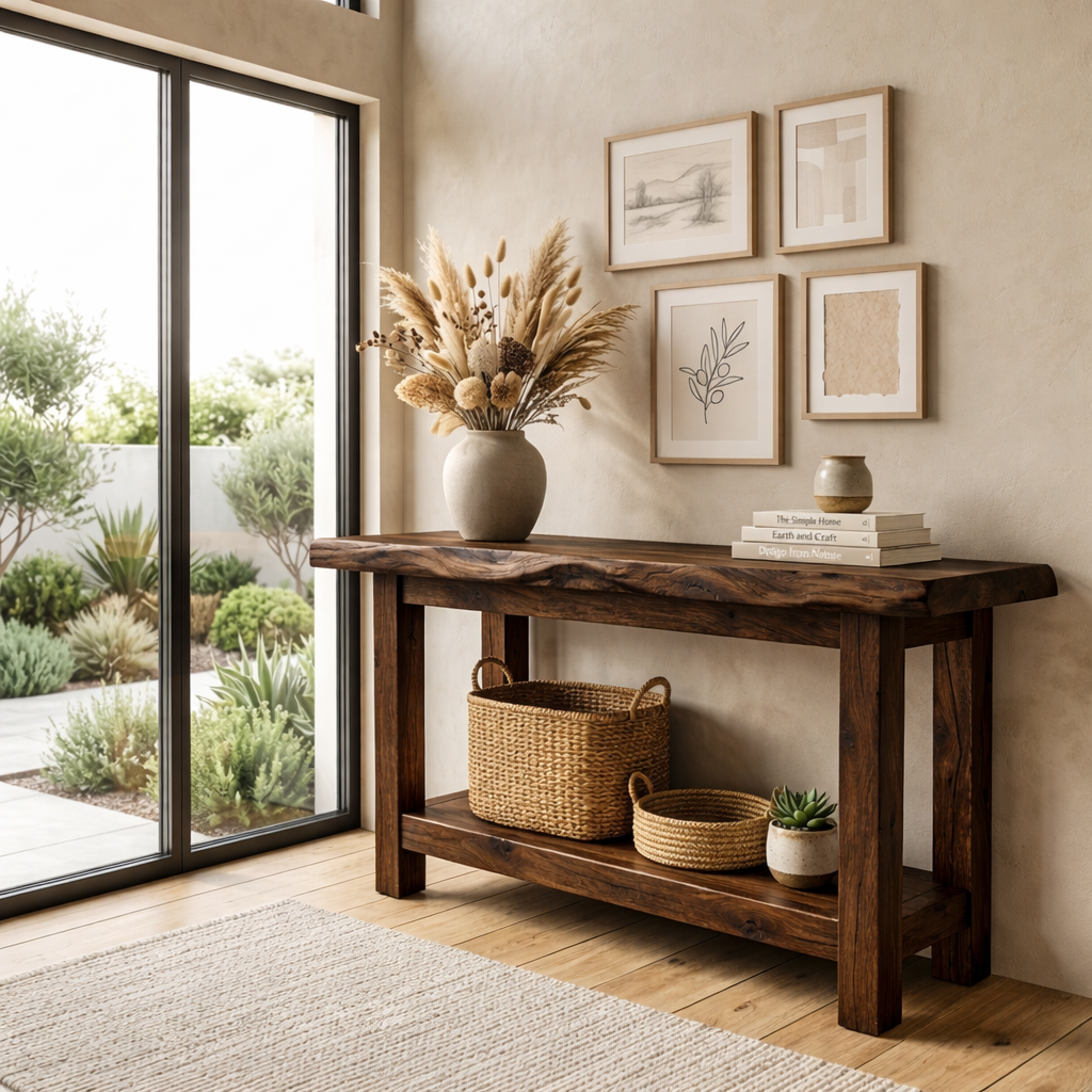 Live Edge Solid Wood Console Table with Shelf – Rustic Natural Entryway Table - view 2 of 7