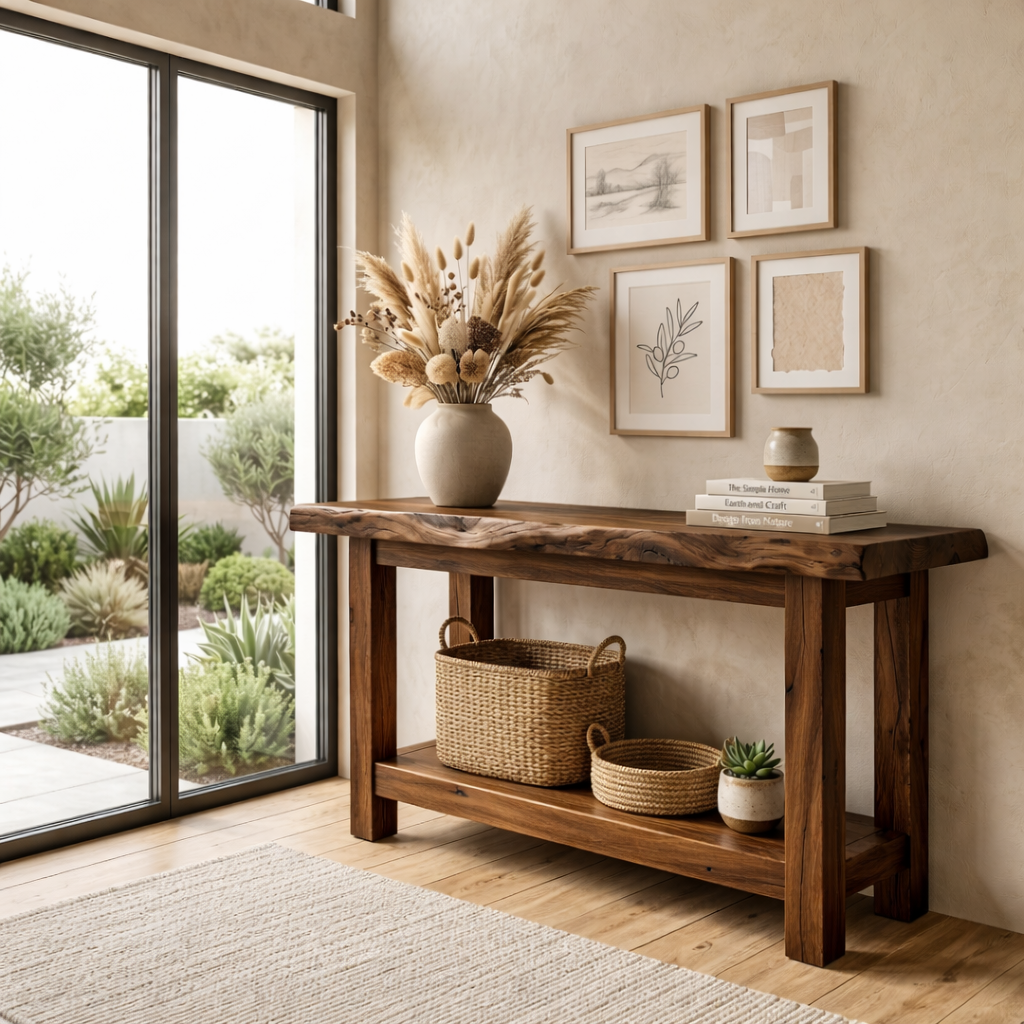 Live Edge Solid Wood Console Table with Shelf – Rustic Natural Entryway Table - view 3 of 7