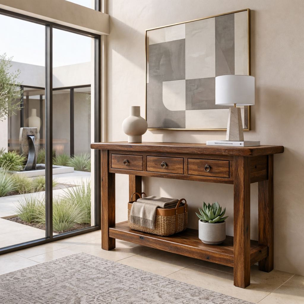 Solid Wood Console Table with Drawers and Shelf – Rustic Farmhouse Entryway Table - view 3 of 7