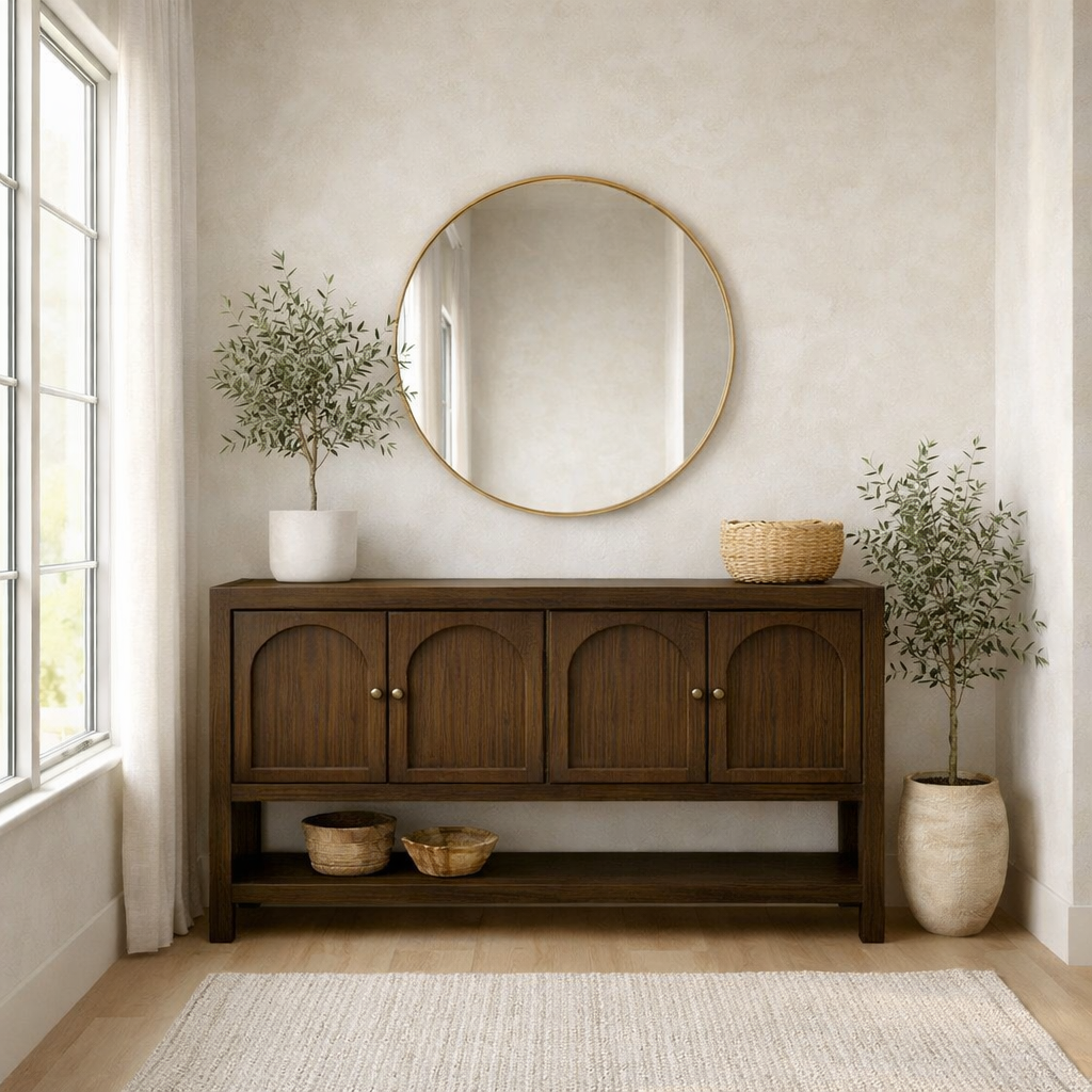 Solid Wood Console Table with Arched Doors – Rustic Storage Sideboard - view 2 of 7