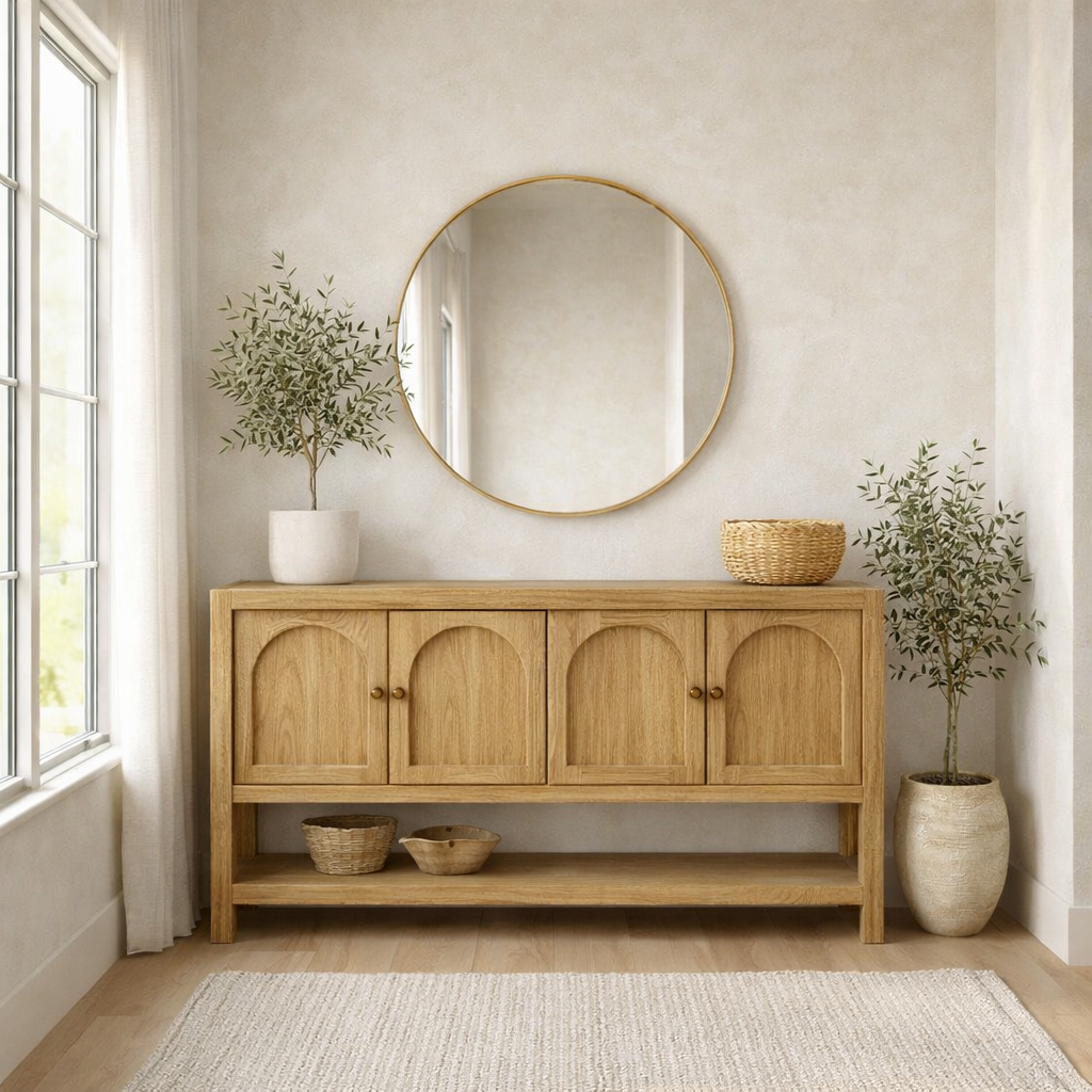 Solid Wood Console Table with Arched Doors – Rustic Storage Sideboard - view 1 of 7