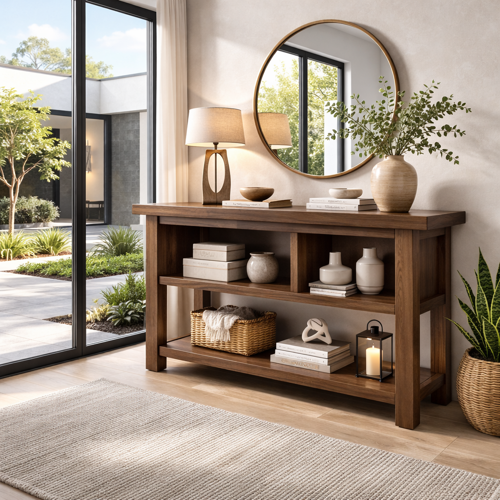 Solid Wood Console Table with Open Shelves – Modern Minimalist Entryway Display Table - view 3 of 7