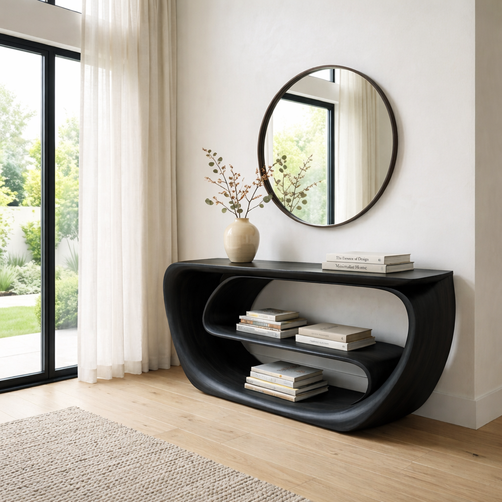 Curved Solid Wood Console Table with Open Shelves – Sculptural Modern Entryway Table - view 4 of 7