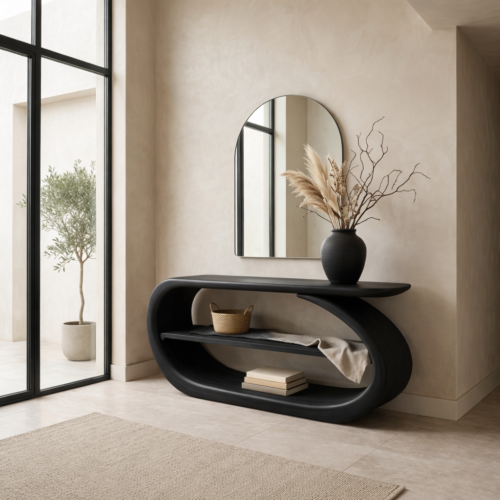 Sculptural Solid Wood Console Table with Curved Base and Shelf – Modern Entryway Table - view 4 of 7
