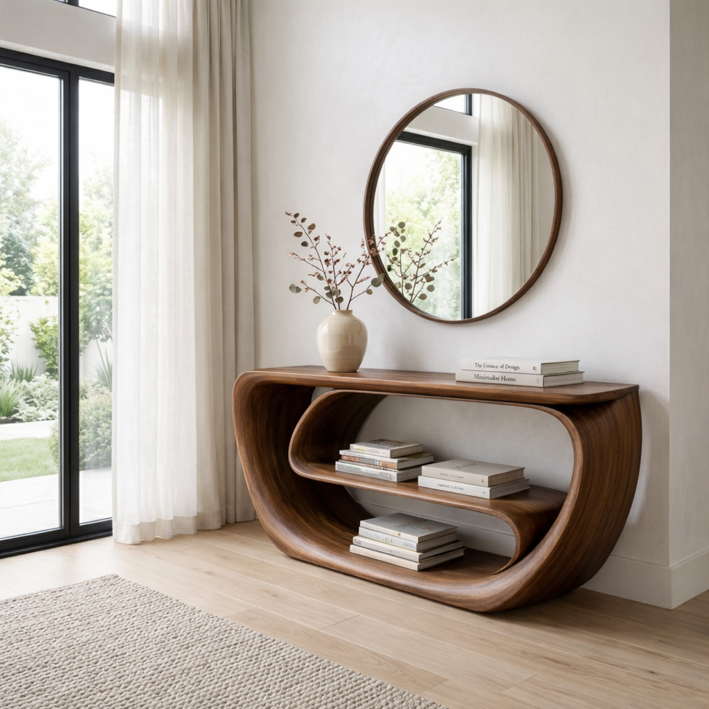 Curved Solid Wood Console Table with Open Shelves – Sculptural Modern Entryway Table - view 3 of 7