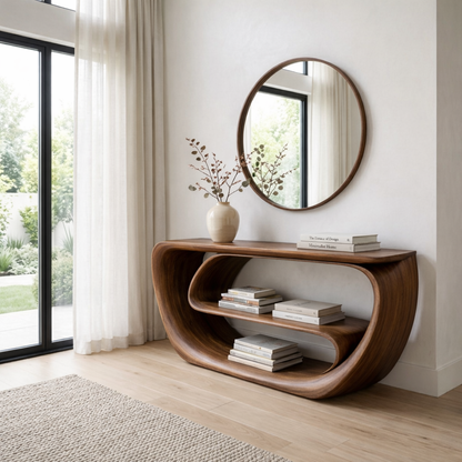 Curved Solid Wood Console Table with Open Shelves – Sculptural Modern Entryway Table - view 3 of 7