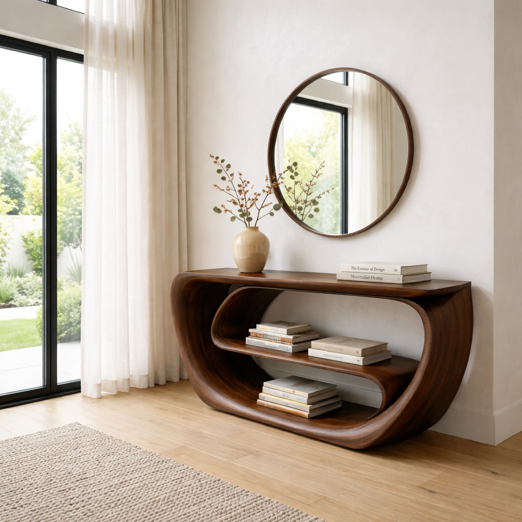 Curved Solid Wood Console Table with Open Shelves – Sculptural Modern Entryway Table - view 2 of 7