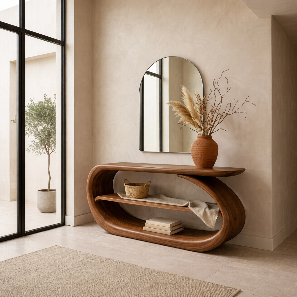 Sculptural Solid Wood Console Table with Curved Base and Shelf – Modern Entryway Table - view 3 of 7