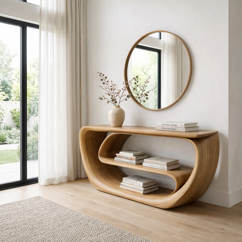 Curved Solid Wood Console Table with Open Shelves – Sculptural Modern Entryway Table - view 1 of 7