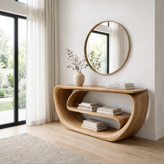 Curved Solid Wood Console Table with Open Shelves – Sculptural Modern Entryway Table - view 1 of 7