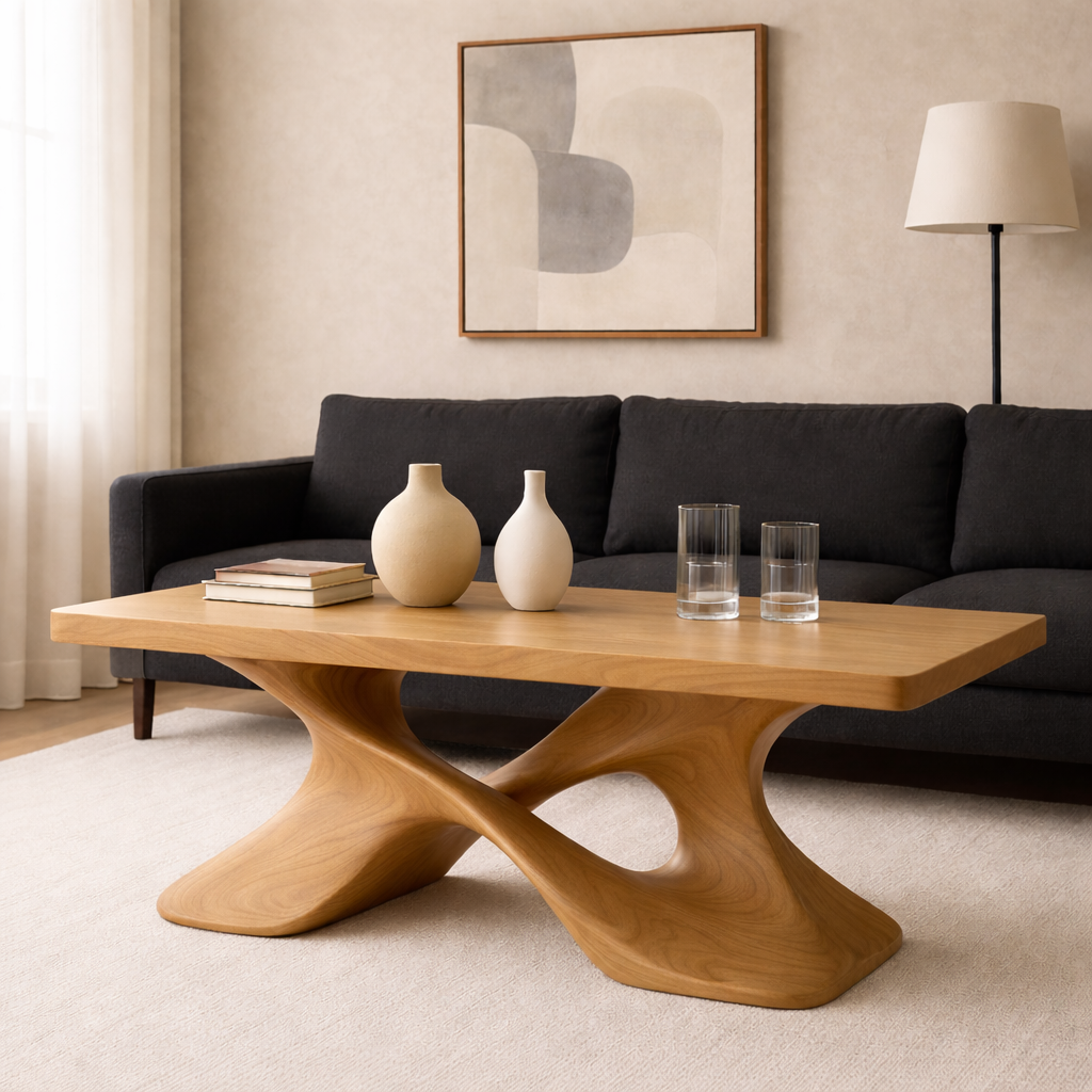 Elegant Solid Wood Coffee Table with Curved Base – Modern Living Room Decor - view 5 of 9
