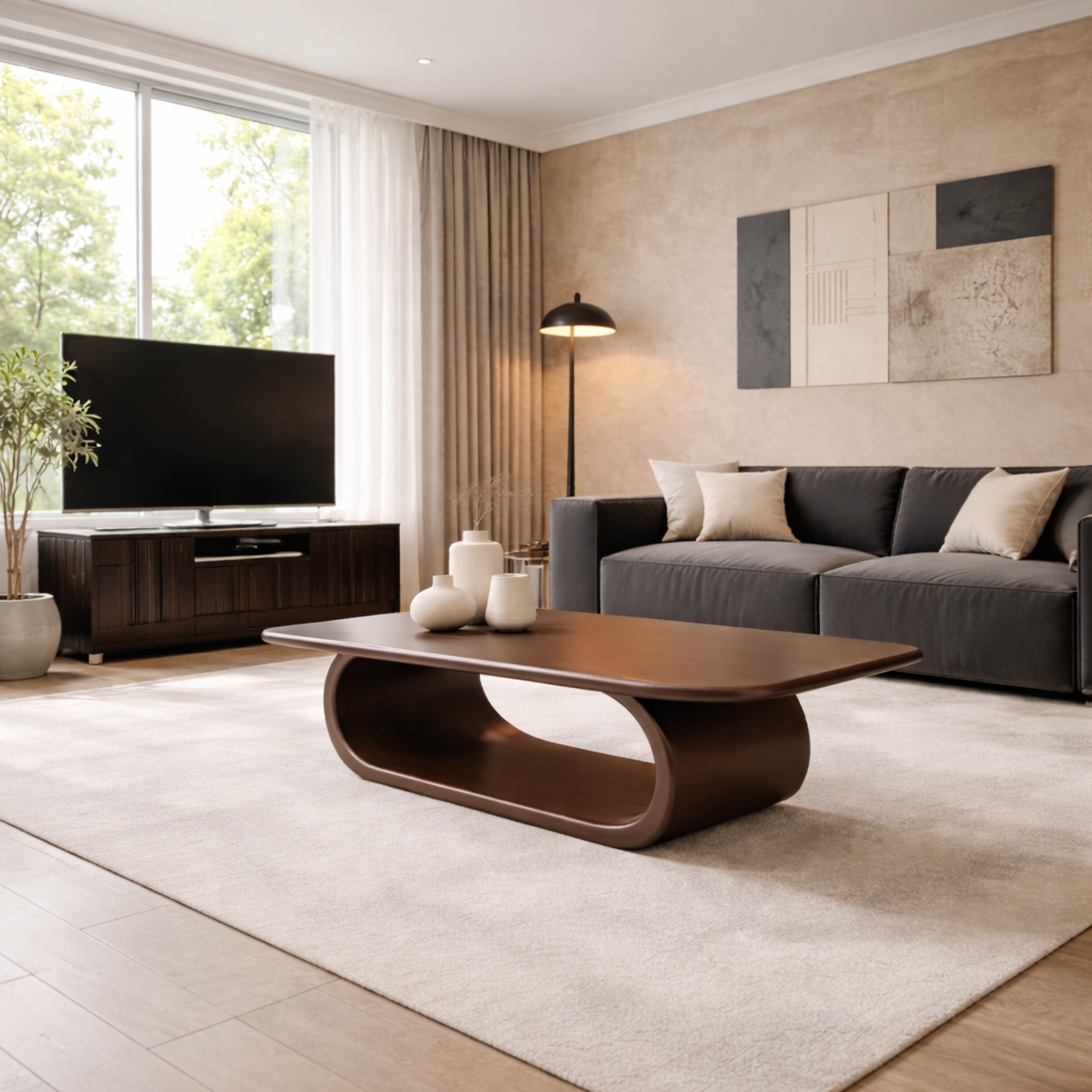 Minimalist Solid Wood Coffee Table with Sleek Curved Base – Modern Living Room Style - view 1 of 9