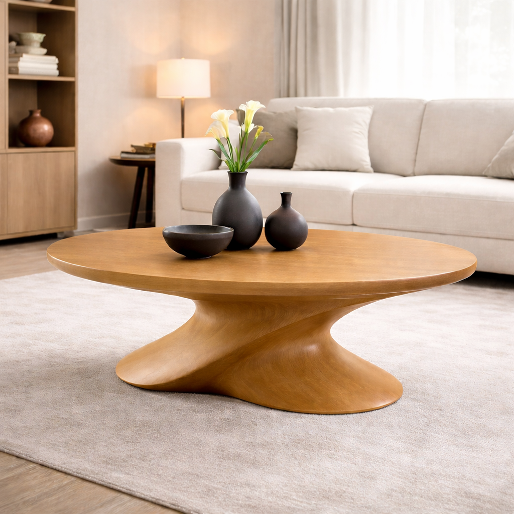 Modern Solid Wood Coffee Table with Sculptural Base – Contemporary Round Coffee Table - view 3 of 8