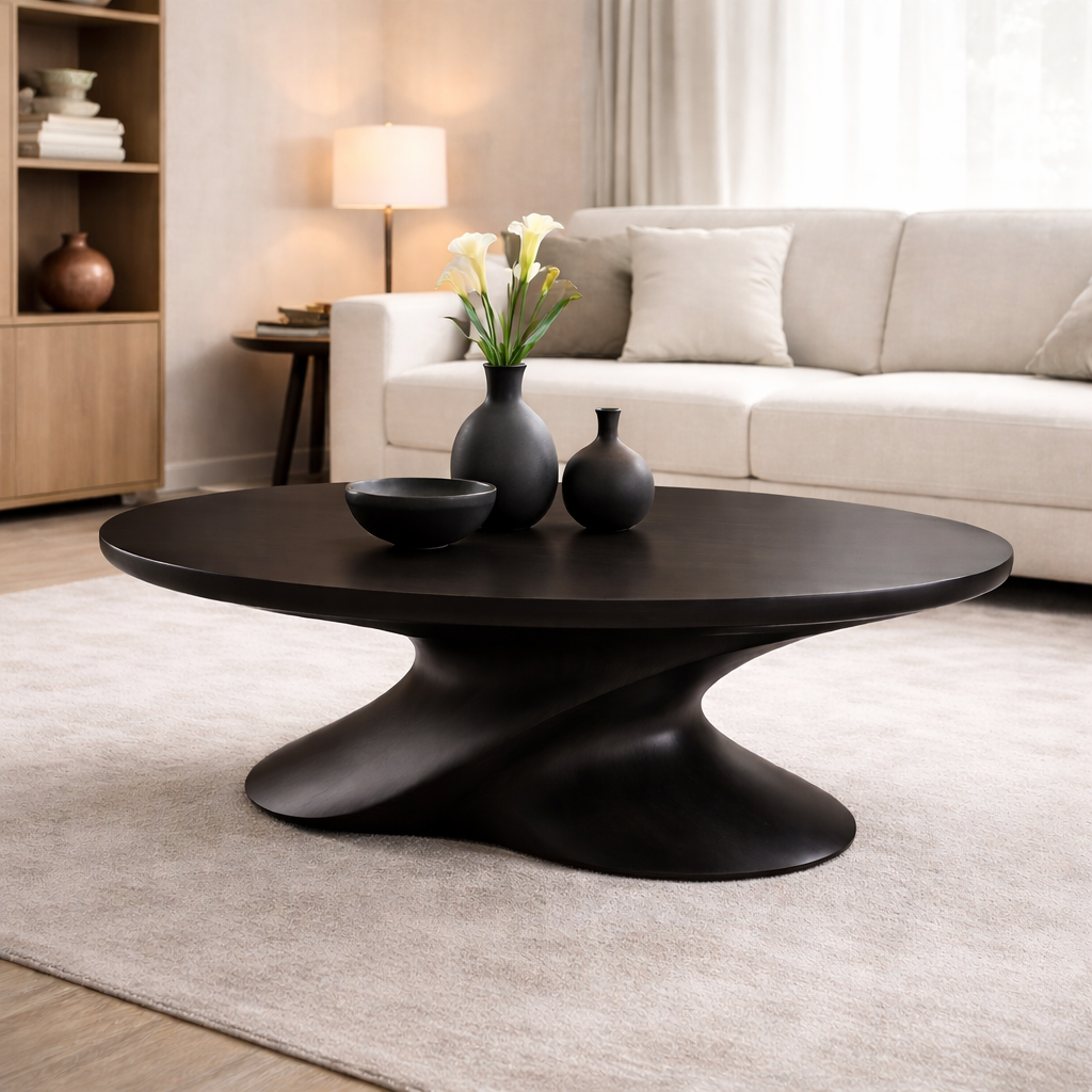 Modern Solid Wood Coffee Table with Sculptural Base – Contemporary Round Coffee Table - view 5 of 8